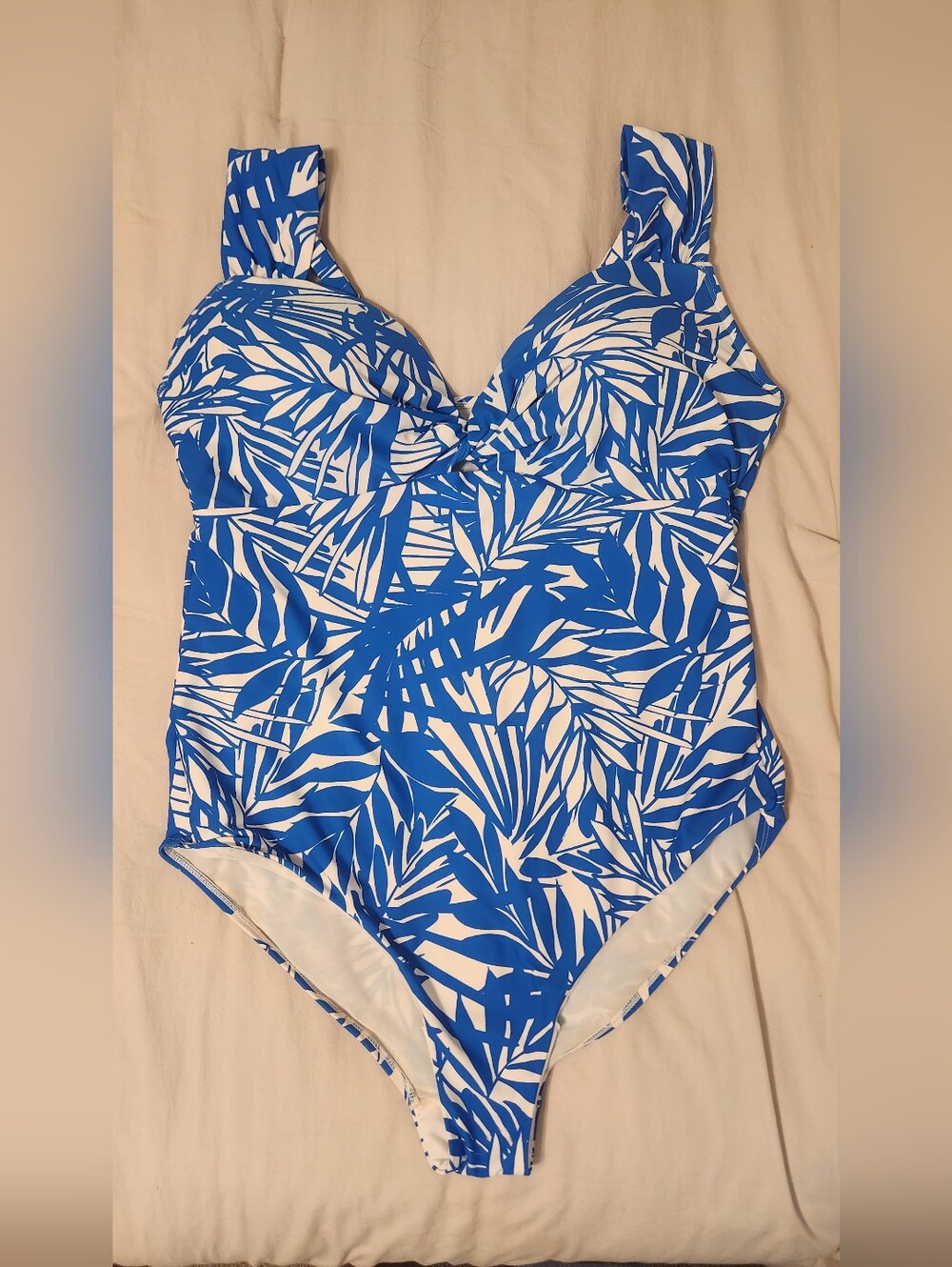 Womens Plus Swimsuits For All- Blue & White Palm-Print One-Piece Swimsuit